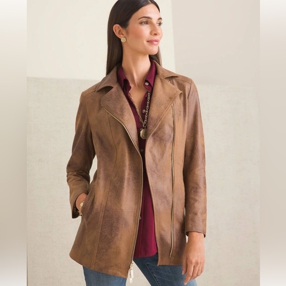 Chico's Jackets & Blazers - Chicos Brown Zippered Pocketed Faux Leather Suede Lined Motorcycle Jacket 4 6